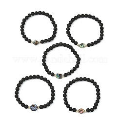Pulseras elásticas redondas de roca volcánica natural y cuentas geométricas de concha paua para mujer&nbsp;BJEW-JB14148