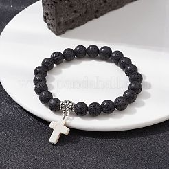 Bracciale elasticizzato con perline rotonde in pietra lavica naturale&nbsp;BJEW-JB09744-02