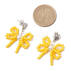Pendientes colgantes de cuentas de vidrio hechos a mano con forma de corazón y lazo&nbsp;EJEW-MZ00474-01