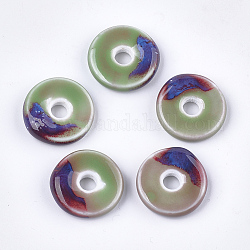 Perles en porcelaine manuelles, fantaisie porcelaine émaillée antique, Plat rond / disque, vert de mer foncé, 21~22x6mm, Trou: 5mm
