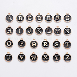 Anfangsbuchstabe a~z Alphabet Emaille Charms, flache runde Scheibe doppelseitige Charms, Schwarz, 14x12x2 mm, Bohrung: 1.5 mm, 26 Stück / Set