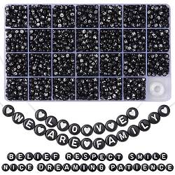 Kit de fabrication de bracelets extensibles avec lettres DIY, y compris les perles acryliques rondes plates, fil élastique, noir, perles: 7x4 mm, Trou: 1.5mm, 1485~1620 pcs / boîte