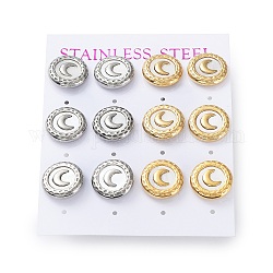 6 Pair 2 Color Crescent Moon Natural Shell Stud Earrings, 304 Stainless Steel Earrings, Golden & Stainless Steel Color, 13mm, 3 Pair/color