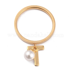 Dual-use Items, 304 Stainless Steel Finger Rings or Pendants, with Plastic Round Beads, Golden, White, Letter.T, US Size 5~9(15.7~18.9mm)