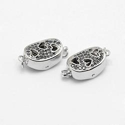 Brass Box Clasps, with Cubic Zirconia, Cadmium Free & Nickel Free & Lead Free, Real Platinum Plated, Oval and Heart, Hollow, Black, 18x8.5~9x7mm, Hole: 2mm