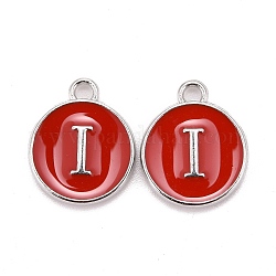Platinum Plated Alloy Enamel Charms, Cadmium Free & Lead Free, Enamelled Sequins, Flat Round with Letter, Red, Letter.I, 14x12x2mm, Hole: 1.5mm