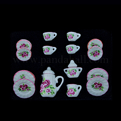 Mini juego de té de porcelana, incluyendo 2pcs teteras, 5 Uds tazas de té, 8 Uds platos, para accesorios de casa de muñecas, simulando decoraciones de utilería, patrón floral, 121x86x25mm, 15 PC / sistema