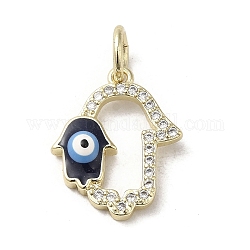 Brass Micro Pave Cubic Zirconia Pendants, with Enamel, with Jump Ring, Real 18K Gold Plated, Hamsa Hand/Hand of Miriam with Evil Eye, Prussian Blue, 16.5x13.5x2mm, Hole: 4mm