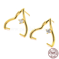 925 Sterling Silver with Clear Cubic Zirconia Stud Earring Findings, for Half Drilled Beads, with S925 Stamp, Real 18K Gold Plated, 15x15mm, Pin: 10x07mm and 0.6mm