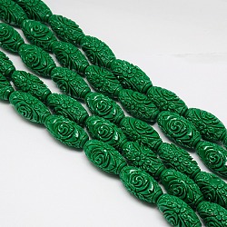 Synthetic Coral Beads Strands, Dyed, Oval Carved Flower Rose, Dark Green, 26x13mm, Hole: 1mm, about 15pcs/strand, 15.74 inch