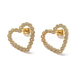 Aretes de corazón ahuecados con rhinestone de cristal, chapado en iones (ip) 304 joyería de acero inoxidable para mujer, dorado, 16x18x1.5mm, pin: 0.8 mm