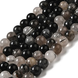 Chapelets de perles en quartz rutile noir naturel, ronde, 8~9mm, Trou: 1mm, Environ 45~48 pcs/chapelet, 15.7 pouce.