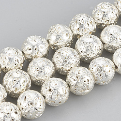 Brins de perles de pierre de lave naturelle galvanisées, ronde, cahoteuse, Plaqué Argent, 10~11mm, Trou: 1mm, Environ 38 pcs/chapelet, 15.7 pouce