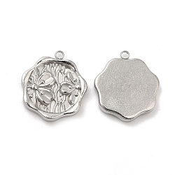 304 Stainless Steel Pendants, Hexagon with Flower Charm, Stainless Steel Color, 18x16x2.5mm, Hole: 1.6mm