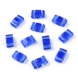 2-hole perline di vetro, colori trasparenti, rettangolo, blu, 4.5~5.5x2x2~2.5mm, Foro: 0.5~0.8 mm