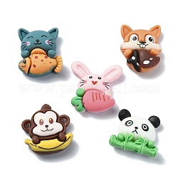 Animal Theme Opaque Resin Decoden Cabochons, Cat Shape with Fish/Rabbit with Carrot/Panda with Bamboo, Mixed Shapes, Mixed Color, 16~20.5x16~19.5x7~8mm