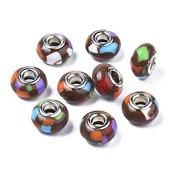 Resin European Beads, Large Hole Beads, with Platinum Tone Brass Cores, Imitation Porcelain, Rondelle, Coconut Brown, 14x8.5mm, Hole: 5mm