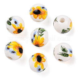 Abalorios de porcelana hechas a mano, redondo con estampado de girasoles, blanco, 10mm, agujero: 2 mm