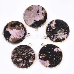 Ciondoli Rhodonite naturale, con accessori di ottone, rotondo e piatto, oro, 35~36x31~32x3mm, Foro: 2 mm