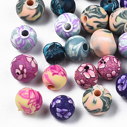 Manuell Polymer Ton Perlen, rund mit gemischtem muster, Mischfarbe, 5~7x5~6.5 mm, Bohrung: 1.6~2 mm