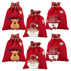 Wadorn® 6pcs 3 sacchetti di imballaggio in lino a tema natalizio, con cavo di poliestere, borse coulisse, per confezioni regalo di caramelle, rosso, 18.4x14.1x0.1~0.9cm, 2pcs / style
