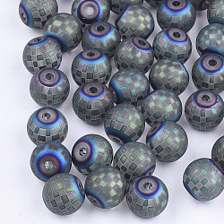 Electroplate Glass Beads, Plaid Beads, Frosted, Round with Tartan Pattern, Cadet Blue, 8~8.5mm, Hole: 1.5mm