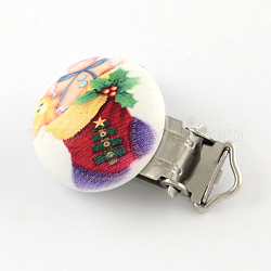 Christmas Boots Pattern Printed Wooden Baby Pacifier Holder Clip with Iron Clasp, Flat Round, Platinum, Gold, 30x30mm