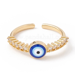 Blue Enamel Evil Eye Open Cuff Ring with Clear Cubic Zirconia, Brass Jewelry for Women, Lead Free & Cadmium Free, Real 18K Gold Plated, US Size 6 1/2(16.9mm)
