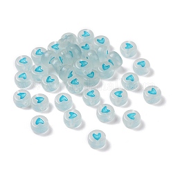 Perle acriliche luminose, si illuminano al buio, piatta e rotonda con il cuore, turchese, 7x3.5mm, Foro: 1.2 mm, circa 3600pcs/500g
