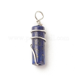 Pendentifs en lapis lazuli naturel, avec fil de laiton écologique plaqué platine enveloppé, colonne, 19.5~20x5~5.5mm, Trou: 2.4~2.8mm
