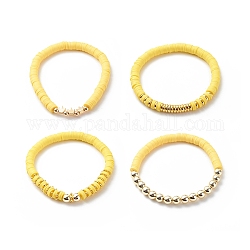 4Pcs 4 Color Handmade Polymer Clay Disc Surfer Bracelets Set, Brass Crown Beaded Preppy Bracelets for Women, Yellow, Inner Diameter: 2-1/8~2-3/8 inch(5.3~5.9cm), 1Pc/style