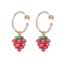 Boucles d'oreilles pendantes en perles de verre tressées et fraises, Boucles d'oreilles demi-créoles en laiton plaqué or pour femme, or, 42mm, pin: 0.6 mm