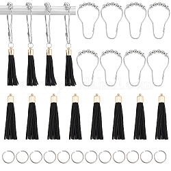 PandaHall Elite Iron Shower Curtain Rings Pendant Decoration, with Faux Suede Tassel, 304 Stainless Steel Jump Rings, for Bathroom Shower Rod, Black, 44Pcs/box