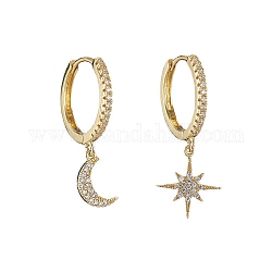 Orecchini asimmetrici con stella e luna in zirconi chiari, orecchini a cerchio pendenti in ottone per le donne, oro, 29~33x17.5x2mm