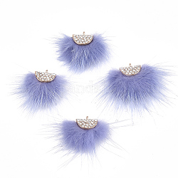 Décorations pendantes de pompon en fausse fourrure de vison, avec strass et les accessoires en alliage, fan, or, bleu ardoise moyen, 24~28x29~34x8mm, Trou: 1.5mm