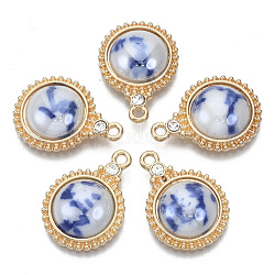 Pendentifs en porcelaine, avec des accessoires en laiton plaqué or clair et des strass en cristal, demi-rond, bleu royal, 23x17x5mm, Trou: 1.8mm