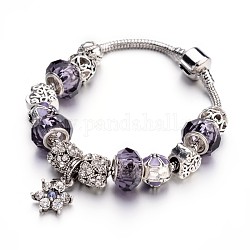 Bracelets européens de mode en laiton, avec des perles de verre et perles en alliage de strass, lilas, 190x3mm