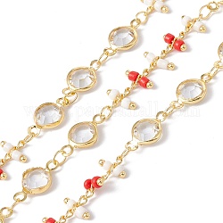 Handmade Eco-friendly Brass Flat Round Link Chains, with Glass & Seed Beaded, Real 18K Gold Plated, Lead Free & Cadmium Free, Soldered, with Spool, Red, 13x6.5x3mm, 6x7x2mm