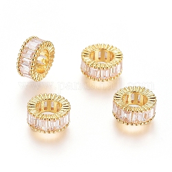 Ottone micro spianare perline europei zirconi, perline con foro grande, placcato di lunga durata, anello, chiaro, vero placcato oro 18k, 7x3mm, Foro: 4 mm