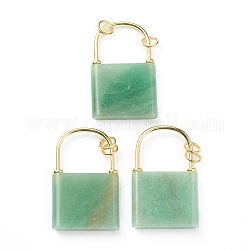 Natural Green Aventurine Pendants, with Golden Plated Brass Findings, Lock, 46.5~47x30x7mm, Hole: 6mm