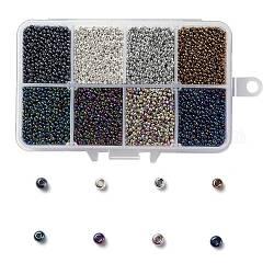 200g 8 couleurs 12/0 grade a perles de rocaille en verre rondes, couleurs métalliques, couleur mixte, 2x1.5mm, Trou: 0.3mm, 25 g / couleur, environ 13300 pcs / boîte