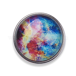 Boutons en laiton, boutons bijoux snap, avec cabochon en verre lumineux, motif de ciel étoilé, plat rond, platine, colorées, 18x10mm, Bouton: 5.5 mm