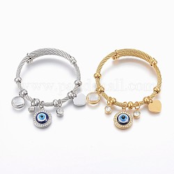 Adjustable 304 Stainless Steel Charm Bangles, with Resin, Glass and Rhinestone, Eye, Heart, Flat Round, Mixed Color, 2-1/4 inch(5.6cm), 4~12mm