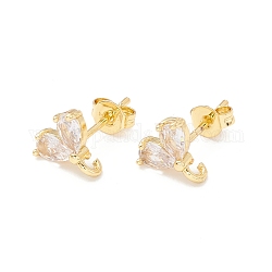Rack Plating Brass Cubic Zirconia Stud Earrings Findings, Real 18K Gold Plated, with Loop, Cadmium Free & Lead Free, Heart, Clear, 9x8.5mm, Hole: 1.5mm, Pin: 1mm