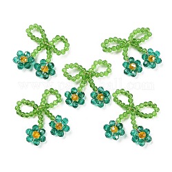 Pendenti con perline di vetro, con filo di rame, fiocco con ciondoli floreali, verde acqua, 25~27x25~28x5~5.5mm, Foro: 5.5x7.5 mm