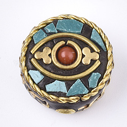Perles Indonésiennes manuelles, avec les accessoires en laiton, plat rond avec des yeux, or, turquoise foncé, 20x18~19x8.5~9.5mm, Trou: 2mm