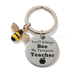 Cadeau de fête des enseignants 201 rond plat en acier inoxydable avec porte-clés mot, avec breloque en émail en alliage d'abeille et porte-clés en fer, couleur inoxydable, 6 cm