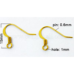 Brass Golden Earring Hooks, 15mm wide, Pin: 0.6mm, Hole: 1mm