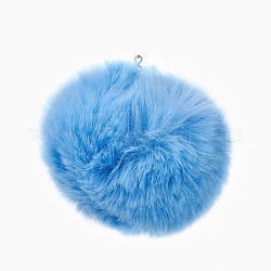 Handgemachte künstliche Kaninchenfell Pom Pom Ball bedeckt Anhänger, Fuzzy Bunny Haarballen, mit elastischer Faser, Deep-Sky-blau, 55~74 mm, Bohrung: 5 mm