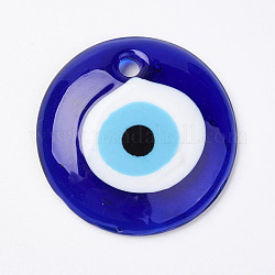 Pendentifs mauvais oeil vernisés manuels, plat rond, bleu, 50x8~10mm, Trou: 4.5~5.5mm